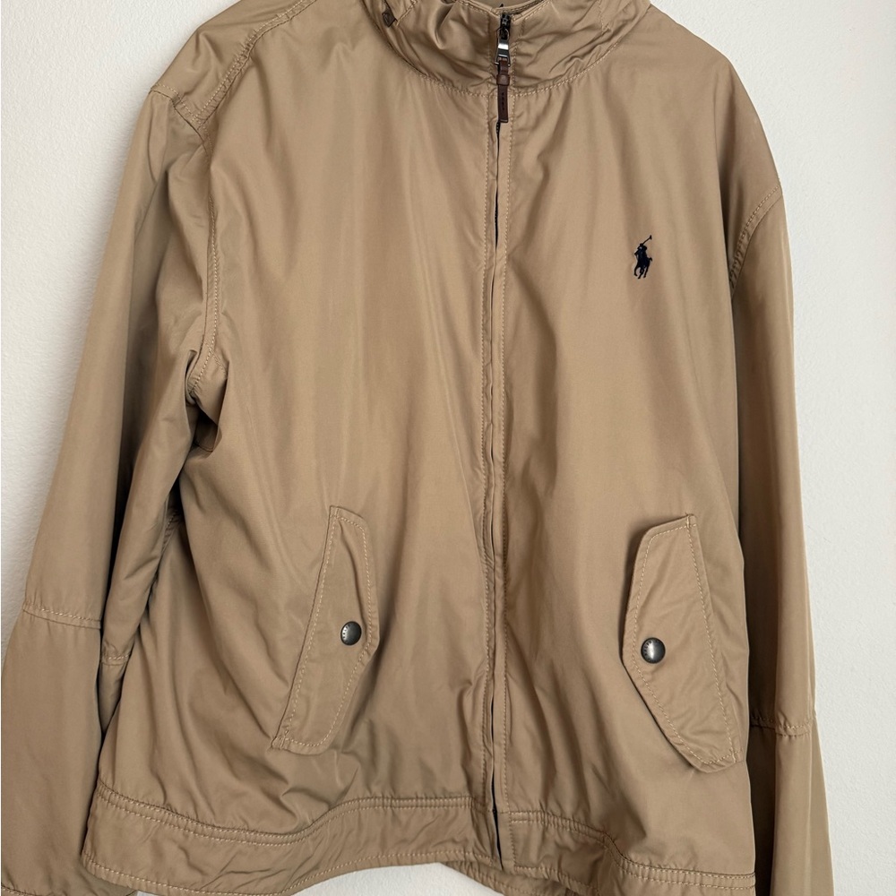 Ralph Lauren Tan Windbreaker with Standing Collar and Full-Length Zipper